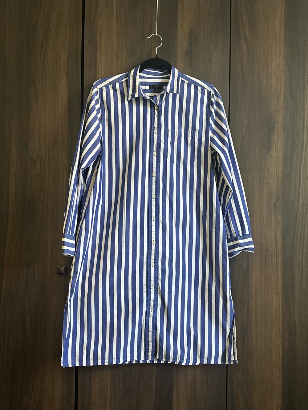 J. Crew Blue and White Vertical Stripe Button-Down Shirt Dress w pockets Cotton